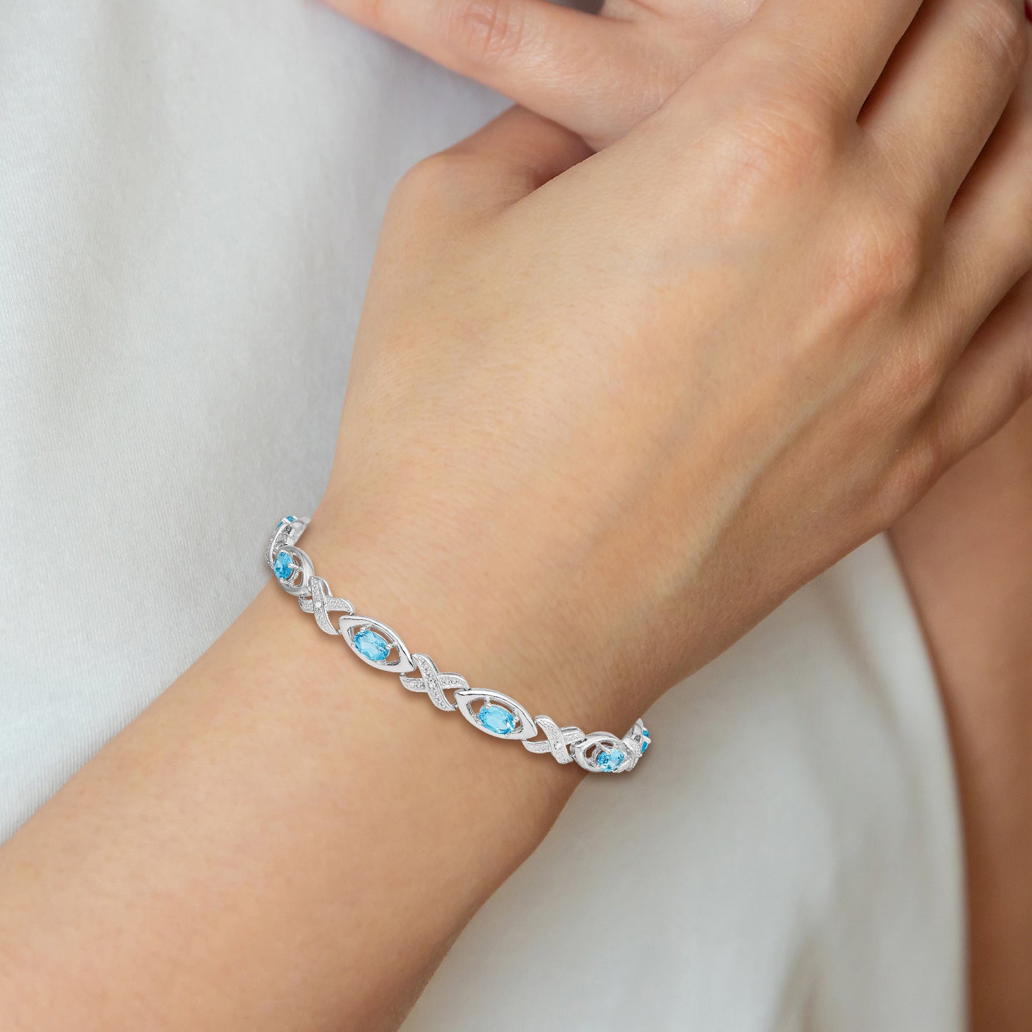 7 Inch Sterling Silver Rhodium-Plated Diamond & Light Swiss Blue Topaz Bracelet