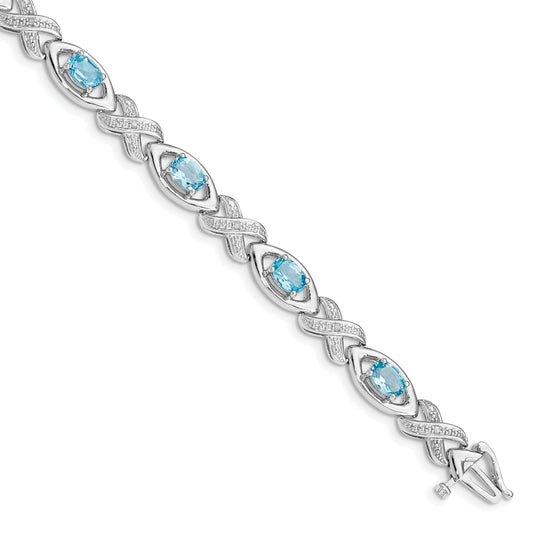 7 Inch Sterling Silver Rhodium-Plated Diamond & Light Swiss Blue Topaz Bracelet