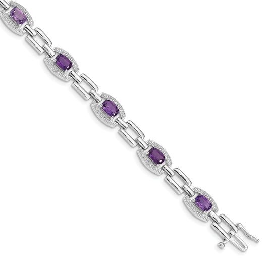 7 Inch Sterling Silver Rhodium-Plated Diamond & Amethyst Bracelet