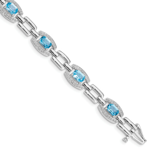 7 Inch Sterling Silver Rhodium-Plated Diamond & Light Swiss Blue Topaz Bracelet