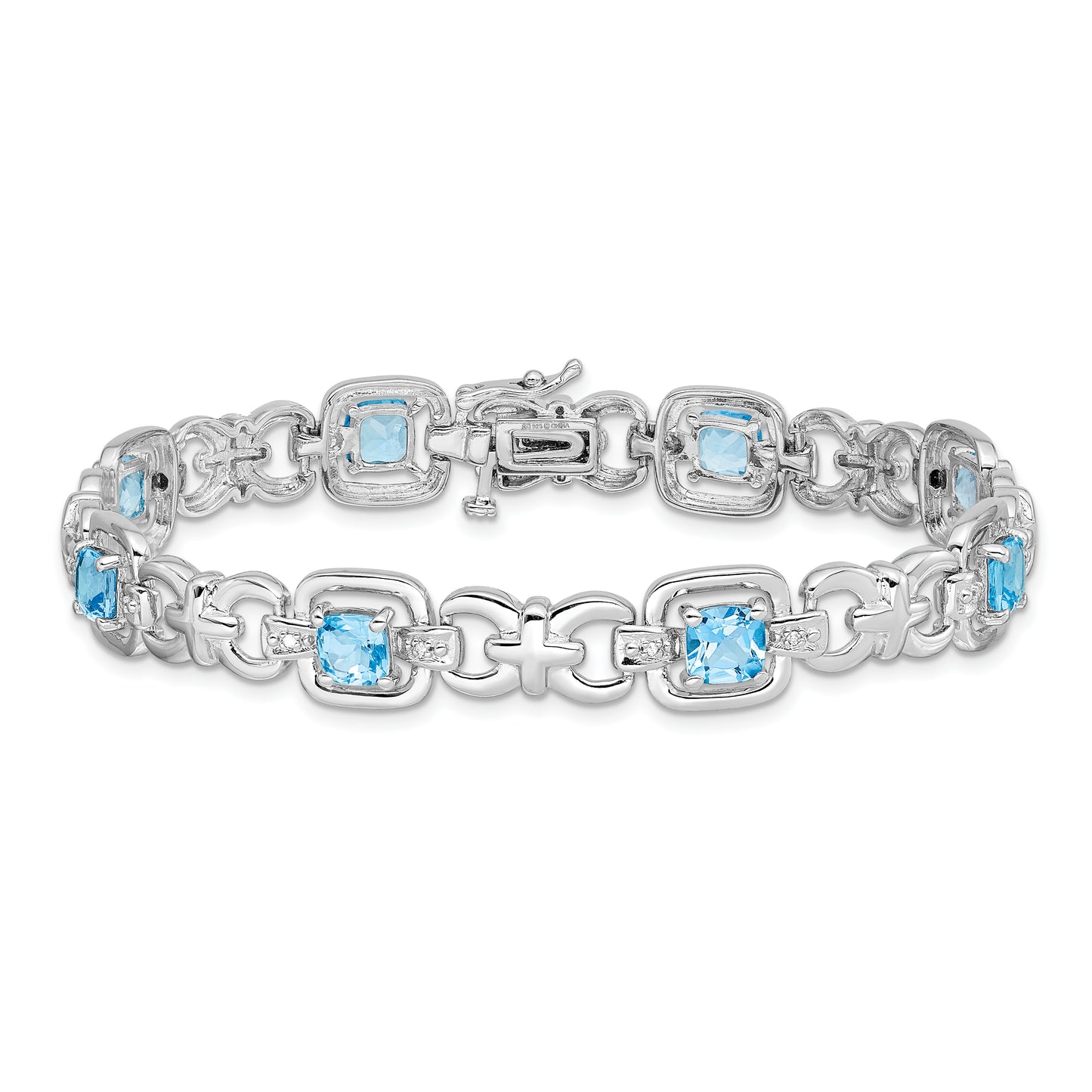 7 Inch Sterling Silver Rhodium-Plated Diamond & Light Swiss Blue Topaz Bracelet