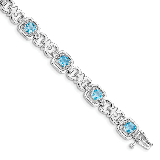 7 Inch Sterling Silver Rhodium-Plated Diamond & Light Swiss Blue Topaz Bracelet