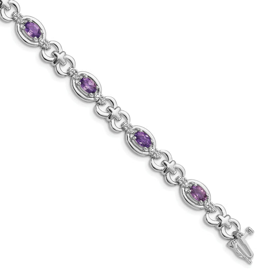 7 Inch Sterling Silver Rhodium-Plated Diamond & Amethyst Bracelet