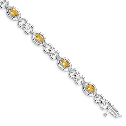 7 Inch Sterling Silver Rhodium-Plated Diamond & Citrine Bracelet