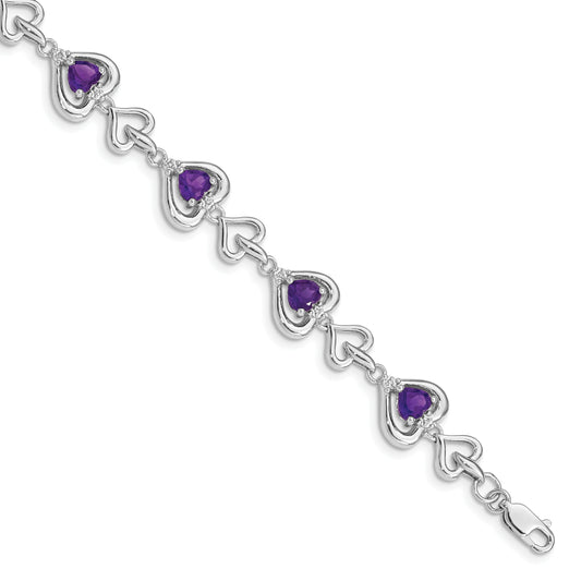 7 Inch Sterling Silver Rhodium-Plated Diamond & Heart Link Amethyst Bracelet