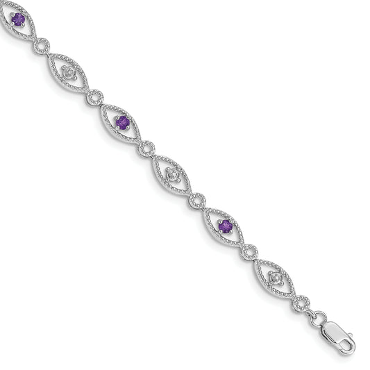 7 Inch Sterling Silver Rhodium-Plated Amethyst Diamond Bracelet