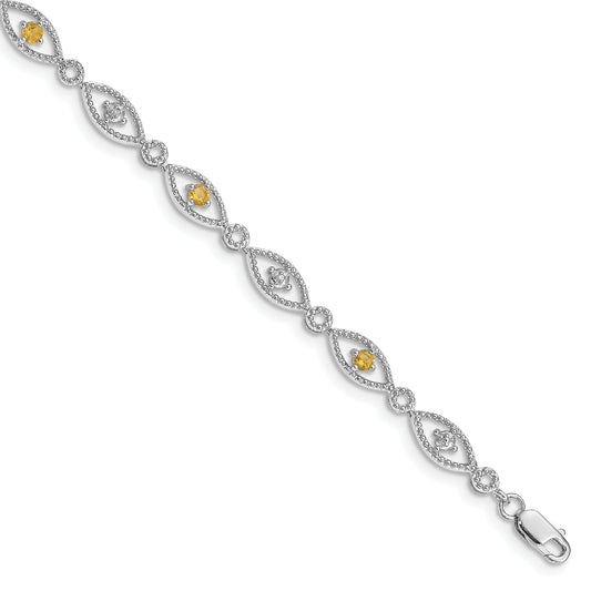 7 Inch Sterling Silver Rhodium-Plated Citrine Diamond Bracelet