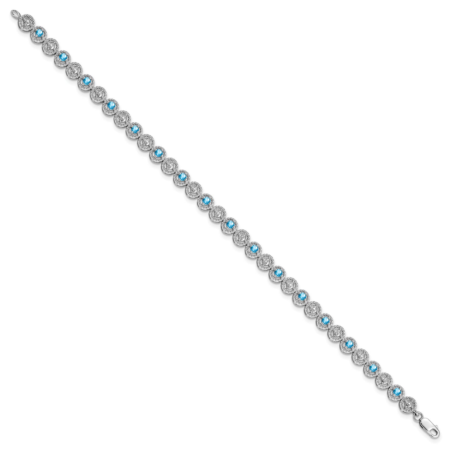 7 Inch Sterling Silver Rhodium-Plated Blue Topaz Diamond Bracelet