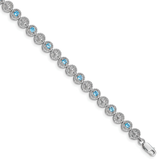 7 Inch Sterling Silver Rhodium-Plated Blue Topaz Diamond Bracelet