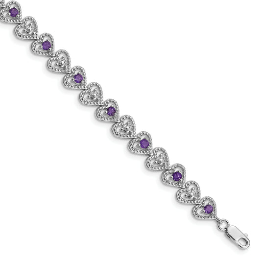 7 Inch Sterling Silver Rhodium-Plated Amethyst Diamond Bracelet