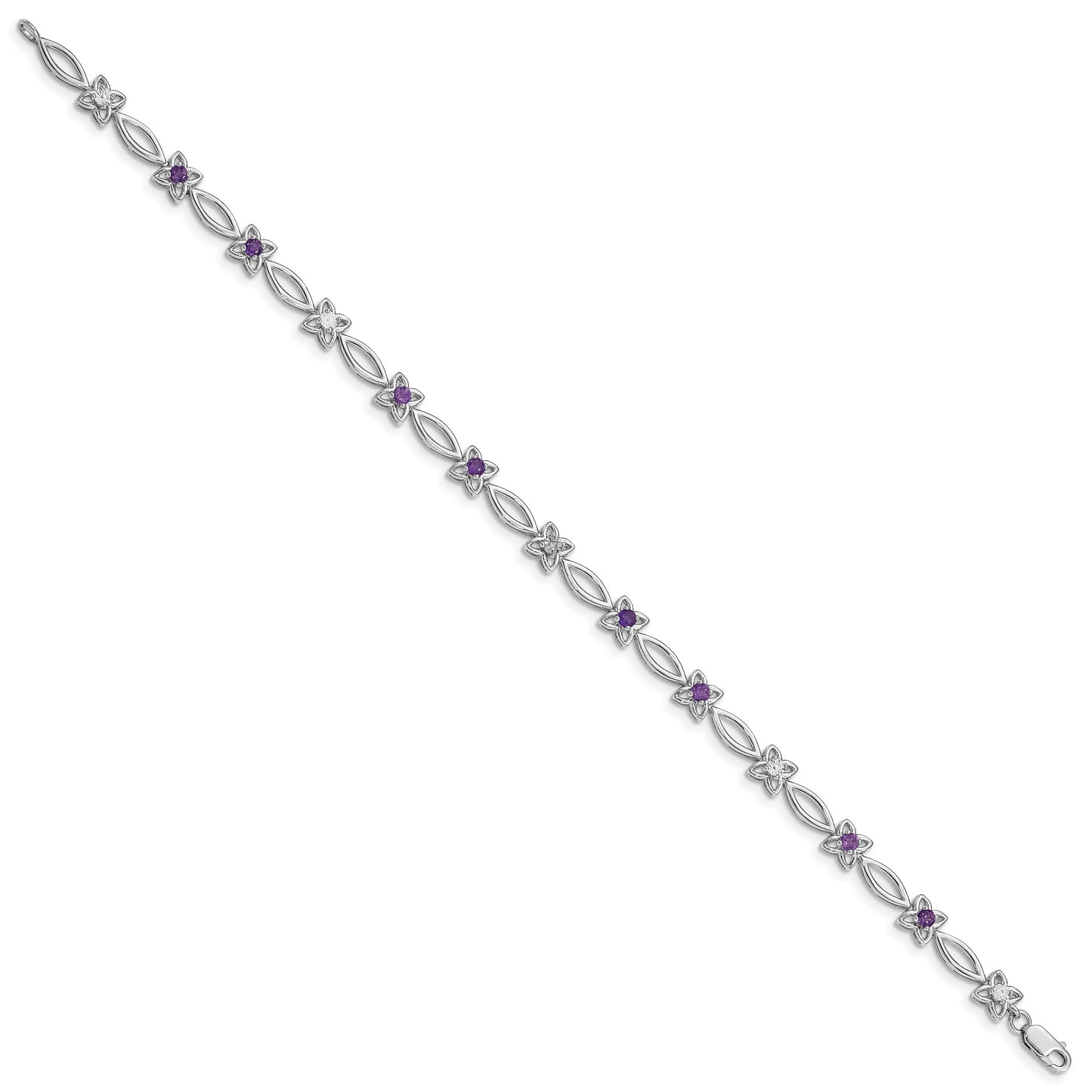 7 Inch Sterling Silver Rhodium-Plated Amethyst & Diamond Bracelet