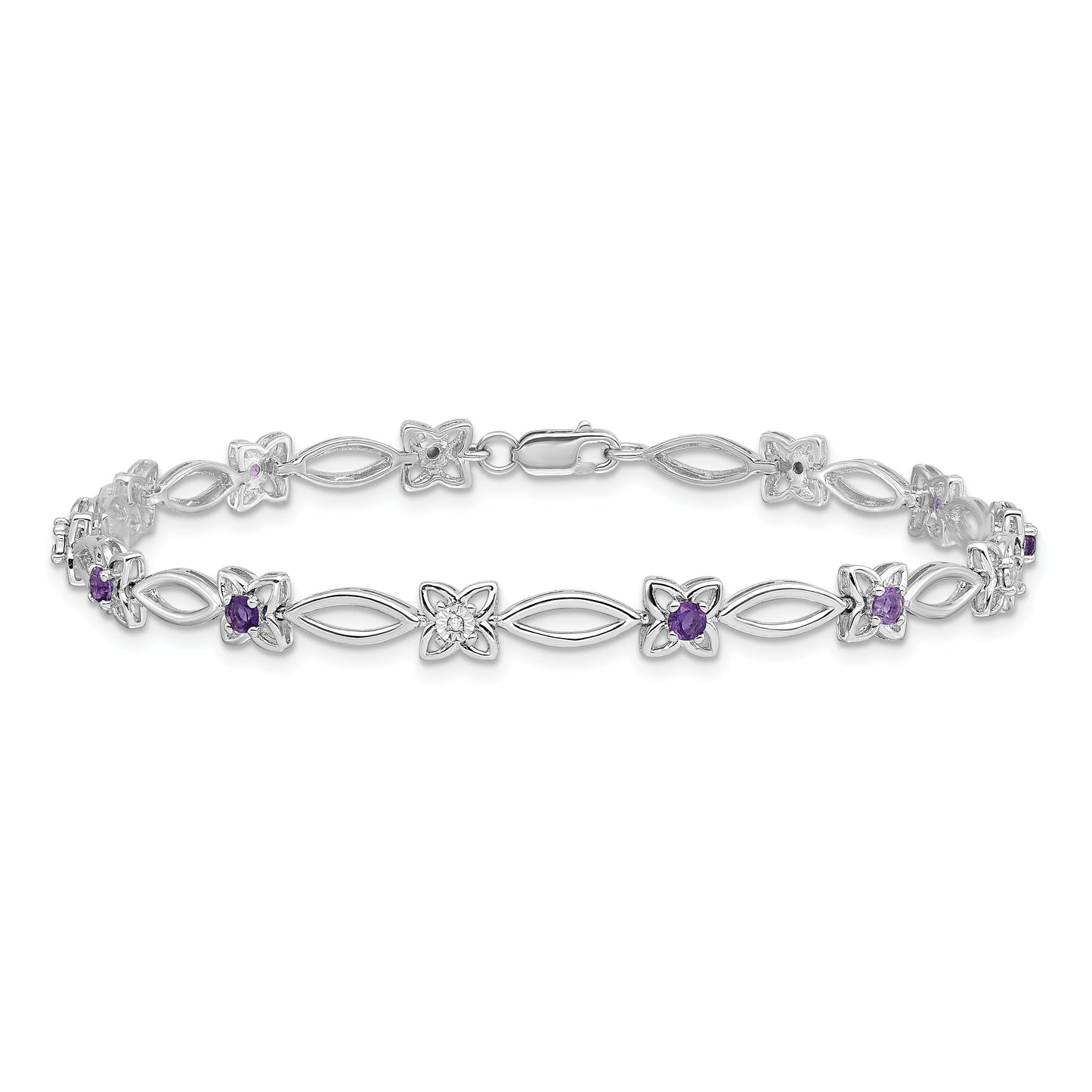 7 Inch Sterling Silver Rhodium-Plated Amethyst & Diamond Bracelet