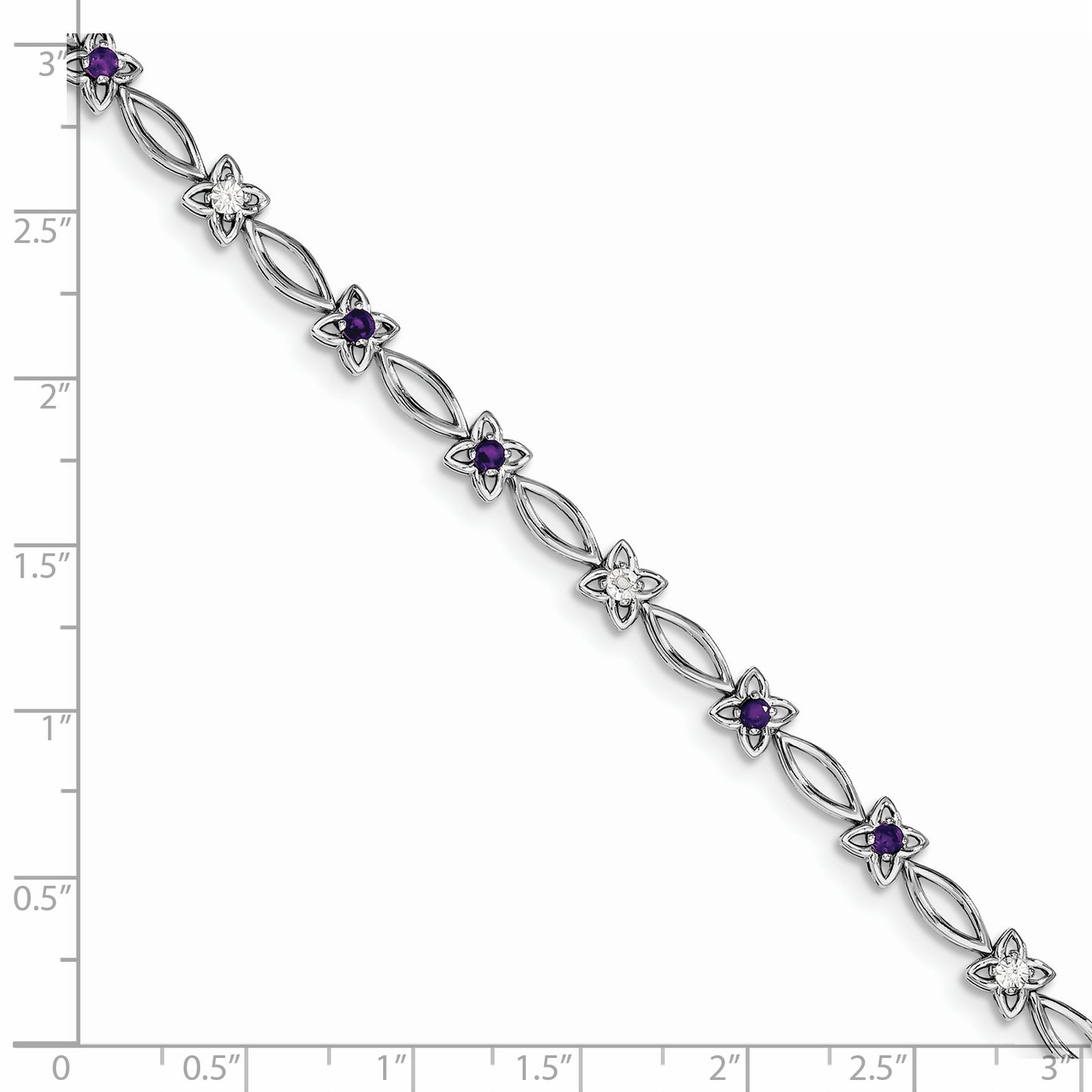 7 Inch Sterling Silver Rhodium-Plated Amethyst & Diamond Bracelet