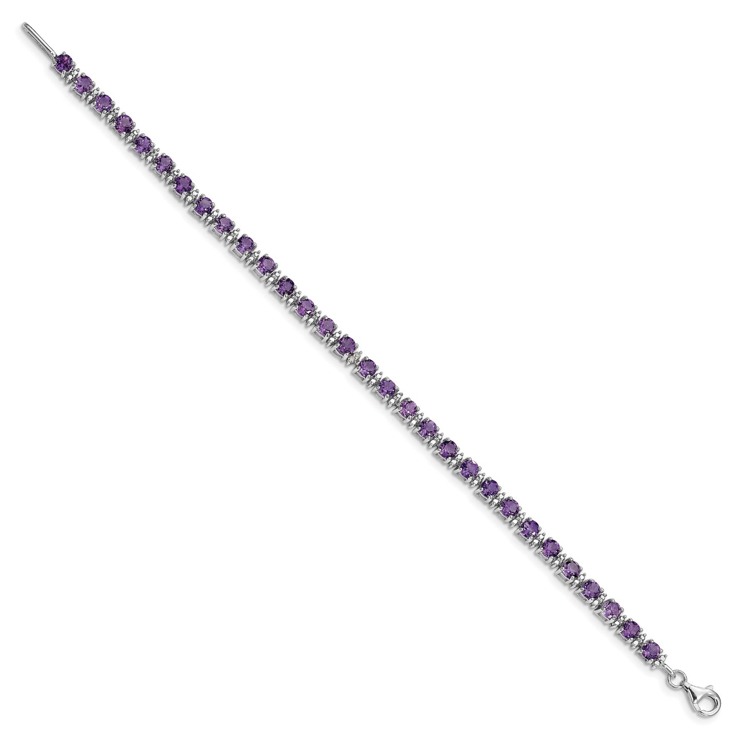 7 Inch Sterling Silver Rhodium-Plated Amethyst And Diamond Bracelet