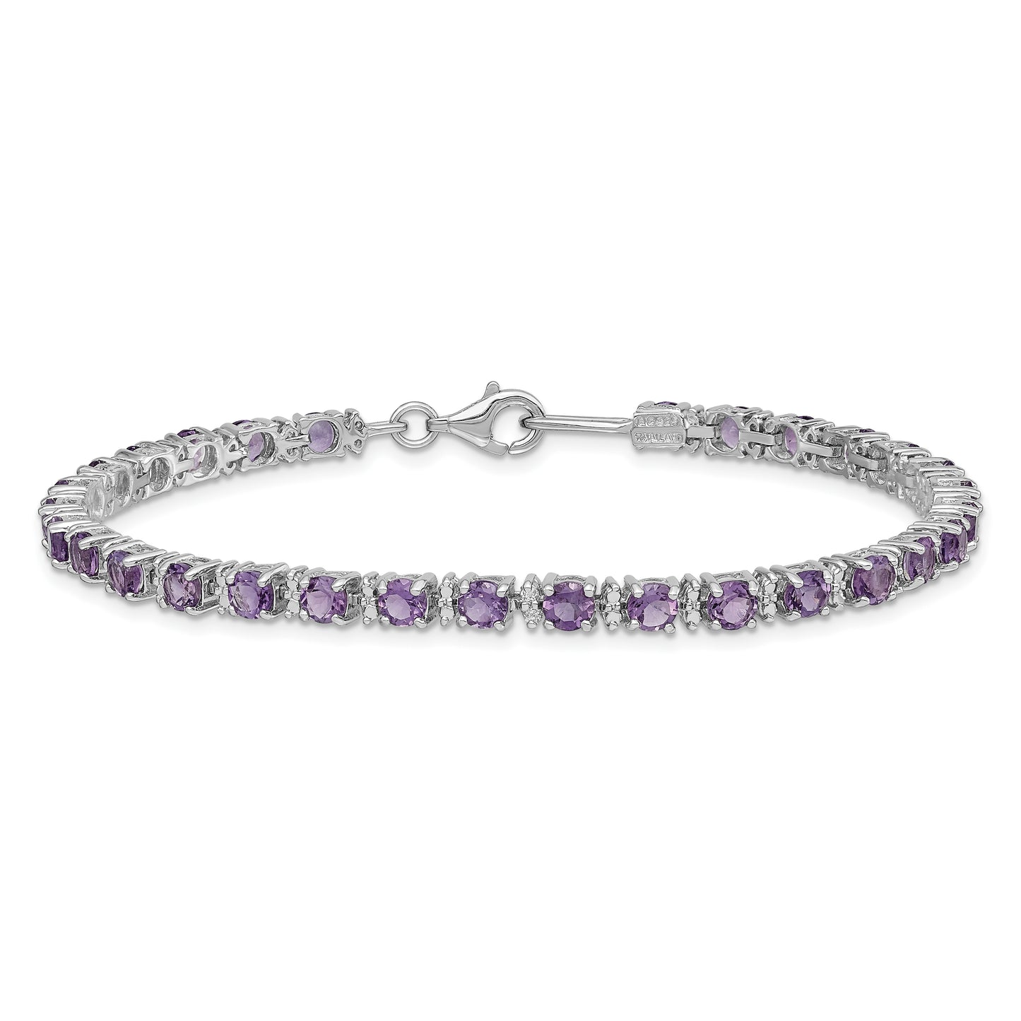 7 Inch Sterling Silver Rhodium-Plated Amethyst And Diamond Bracelet