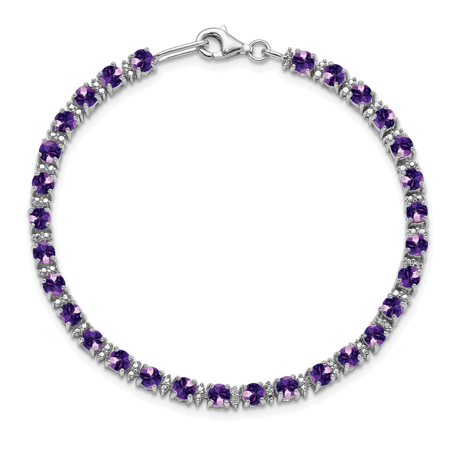 7 Inch Sterling Silver Rhodium-Plated Amethyst And Diamond Bracelet