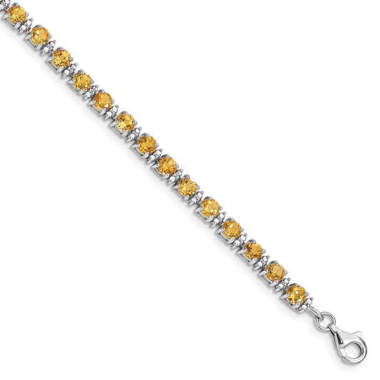 7 Inch Sterling Silver Rhodium-Plated Citrine And Diamond Bracelet