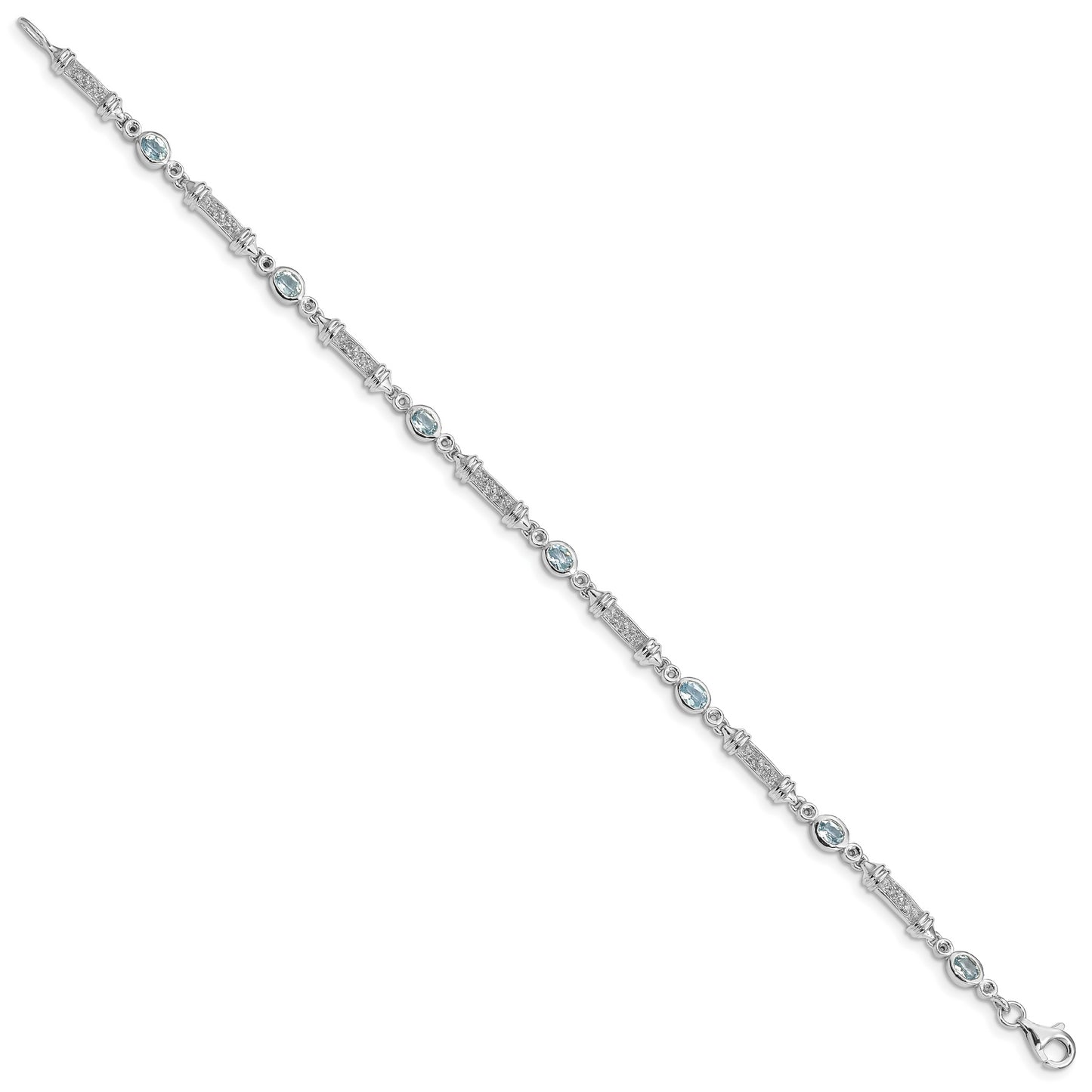 7 Inch Sterling Silver Rhodium-Plated Aquamarine And Diamond Bracelet