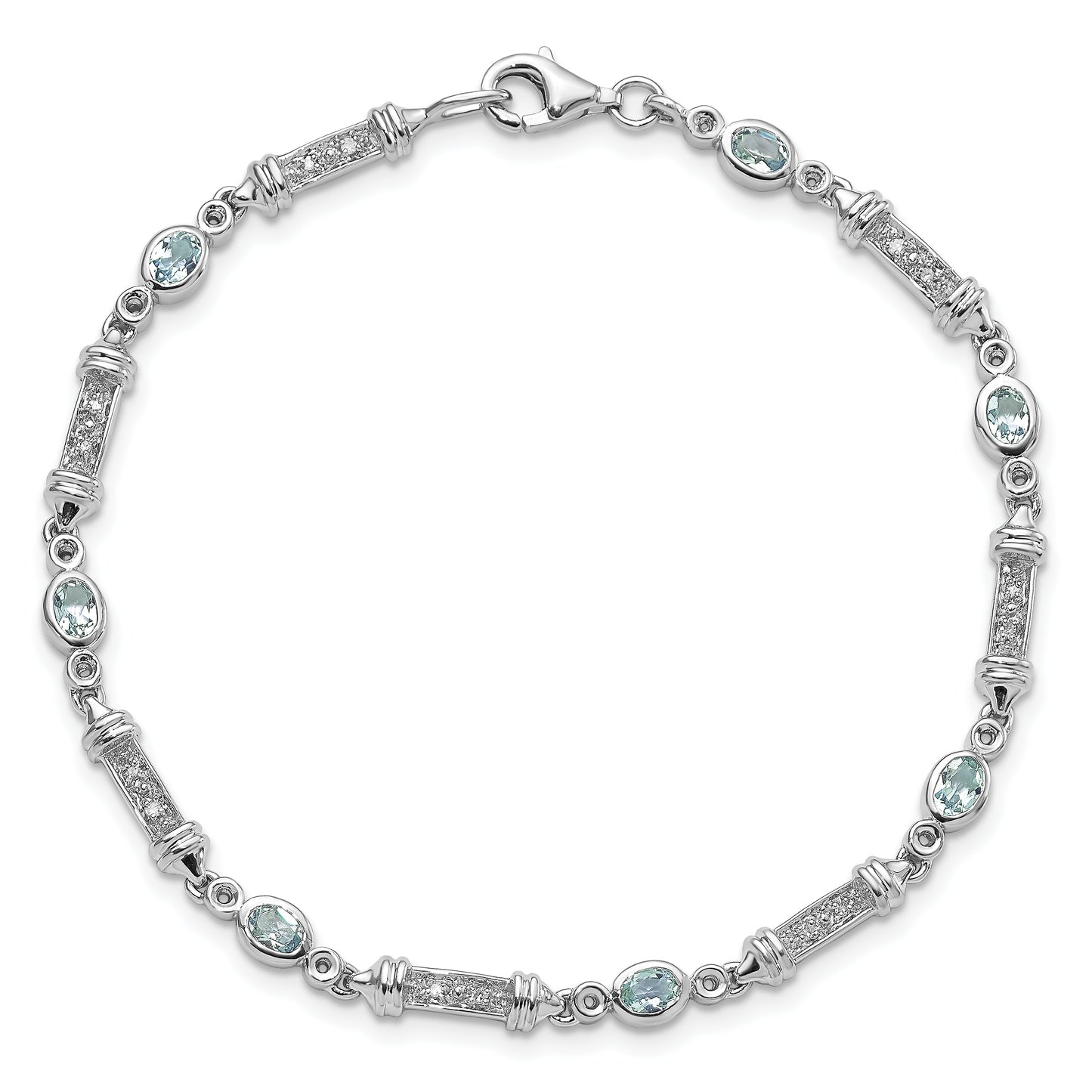 7 Inch Sterling Silver Rhodium-Plated Aquamarine And Diamond Bracelet