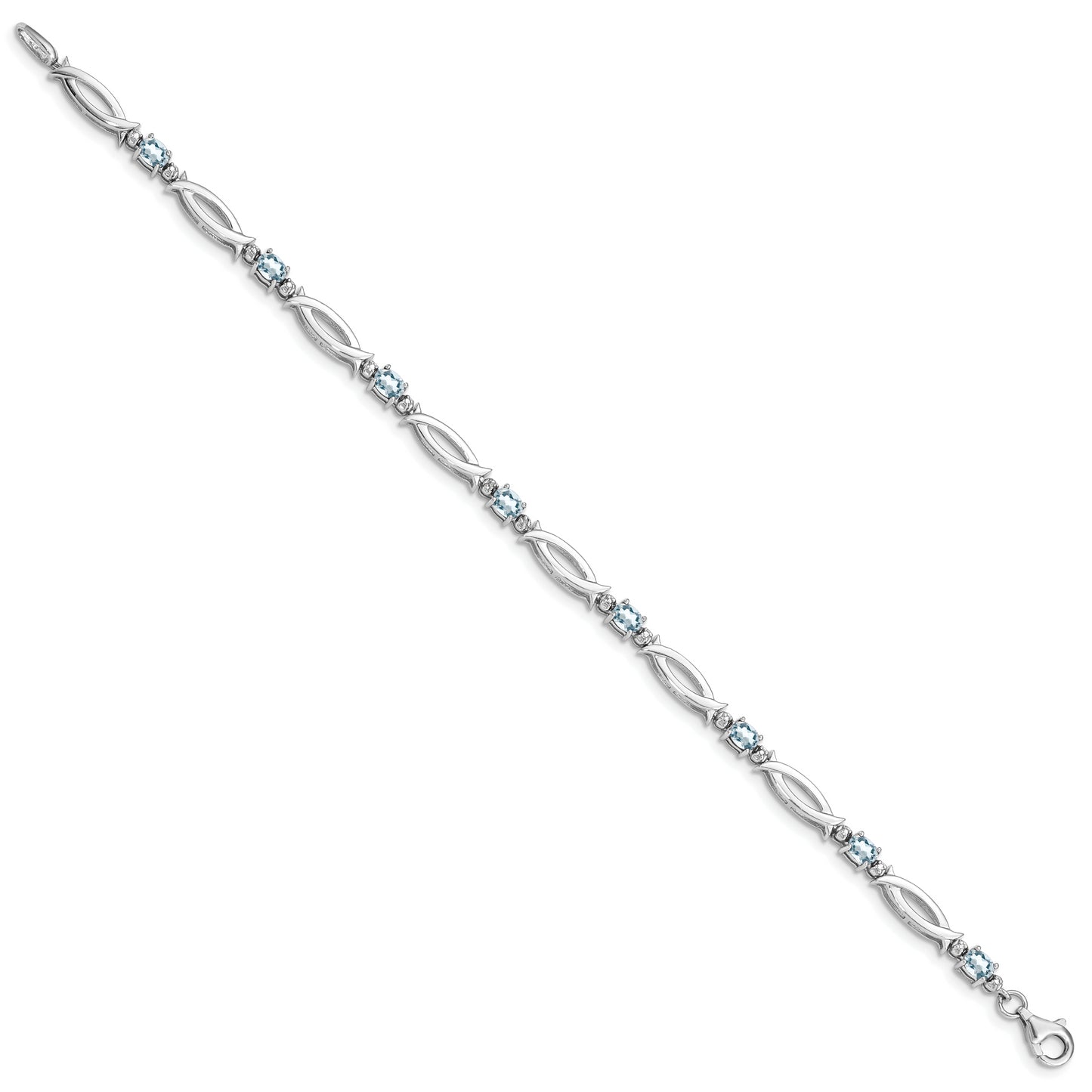 7 Inch Sterling Silver Rhodium-Plated Aquamarine And Diamond Bracelet