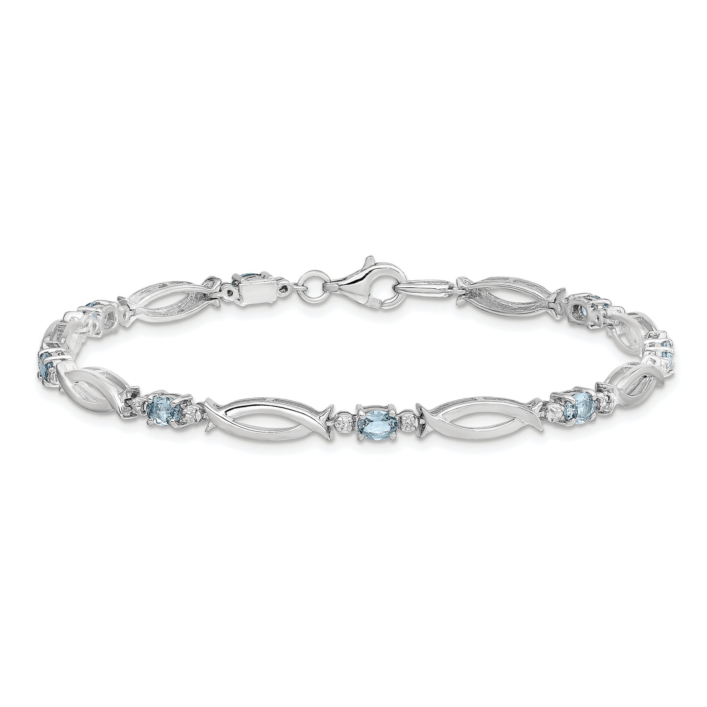 7 Inch Sterling Silver Rhodium-Plated Aquamarine And Diamond Bracelet