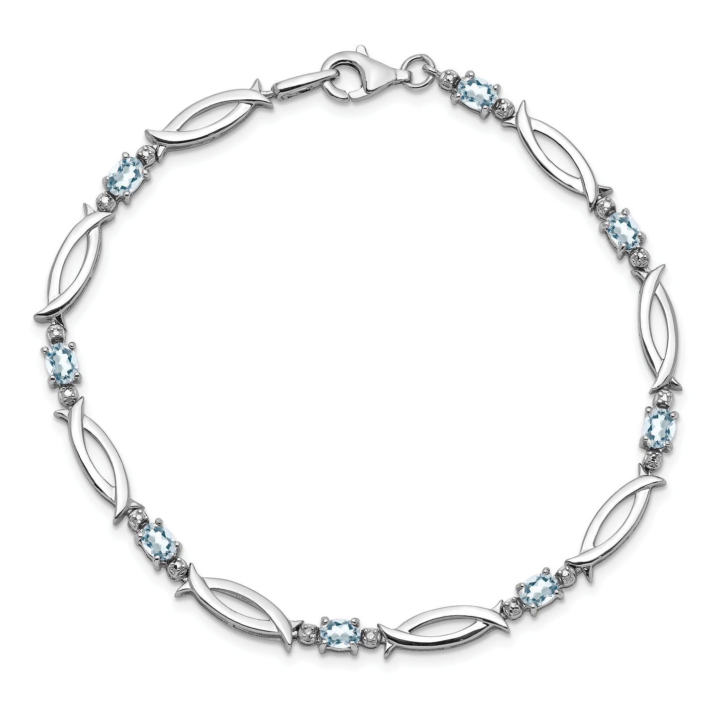 7 Inch Sterling Silver Rhodium-Plated Aquamarine And Diamond Bracelet