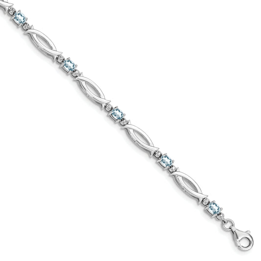 7 Inch Sterling Silver Rhodium-Plated Aquamarine And Diamond Bracelet