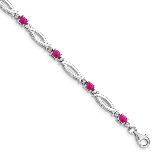 7 Inch Sterling Silver Rhodium-Plated Composite Ruby And Diamond Bracelet