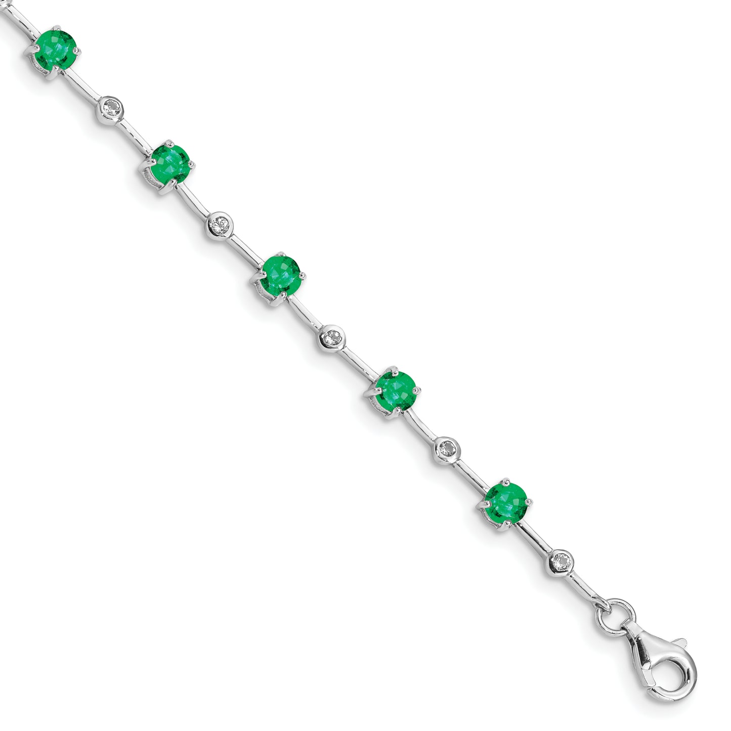 7 Inch Sterling Silver Rhodium-Plated Emerald And White Topaz Bracelet