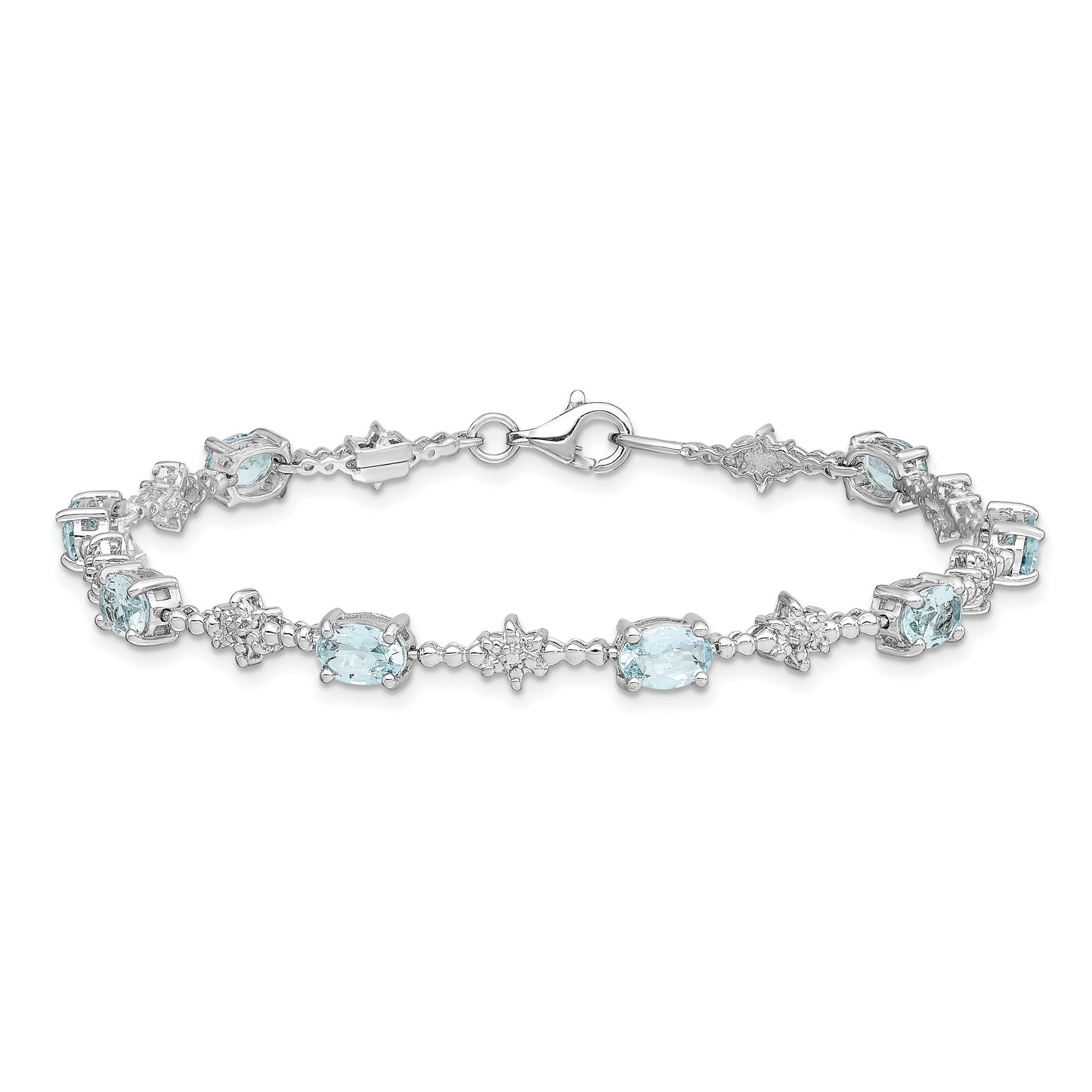 7 Inch Sterling Silver Rhodium-Plated Aquamarine And Diamond Bracelet