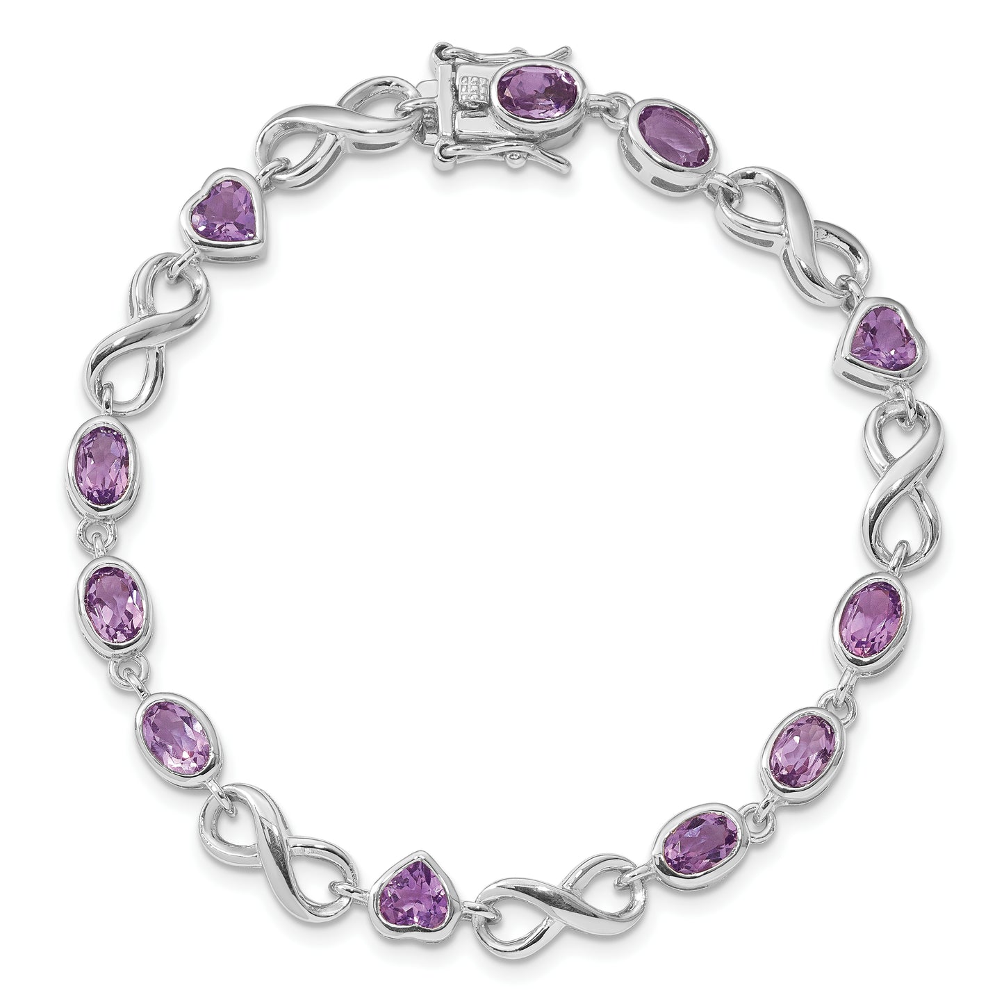 7 Inch Sterling Silver Rhodium-Plated Oval Heart Amethyst Bracelet