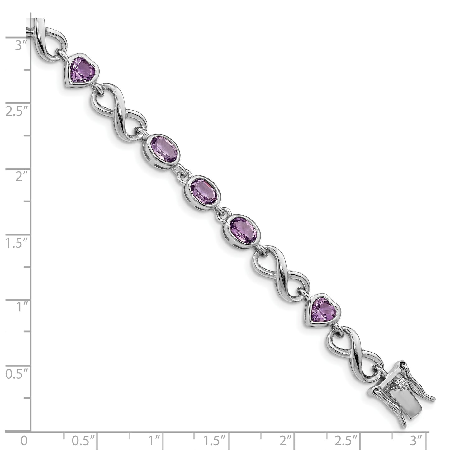 7 Inch Sterling Silver Rhodium-Plated Oval Heart Amethyst Bracelet