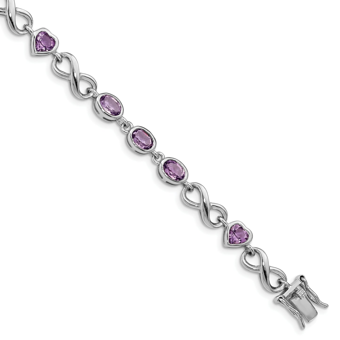 7 Inch Sterling Silver Rhodium-Plated Oval Heart Amethyst Bracelet