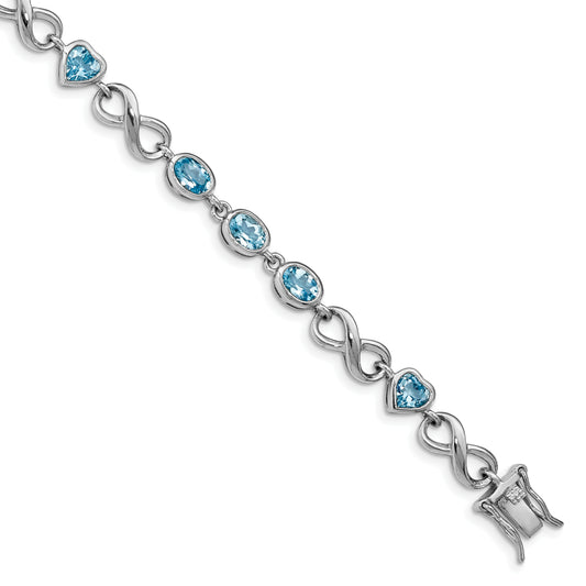 7 Inch Sterling Silver Rhodium-Plated Oval Heart Blue Topaz Bracelet