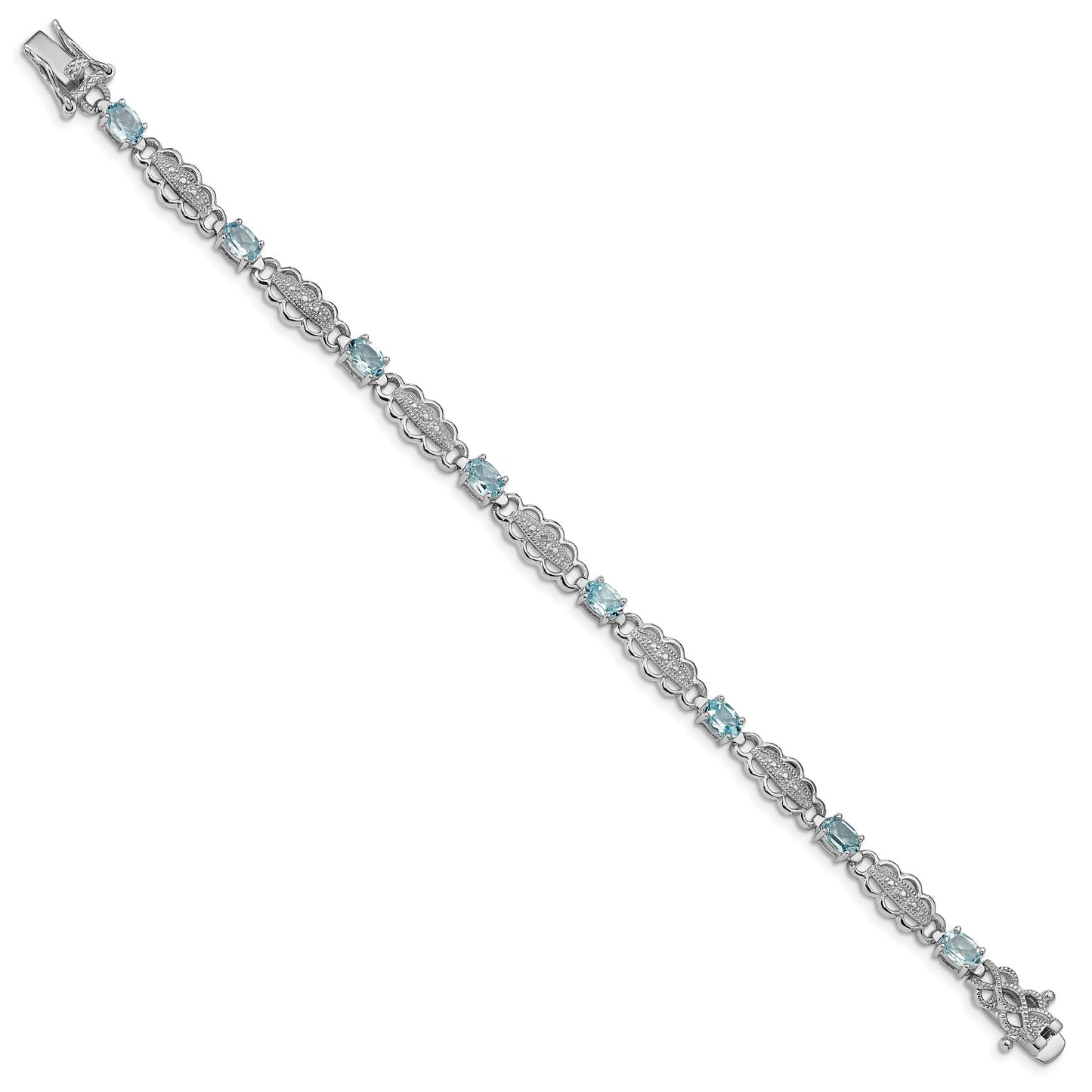 7 Inch Sterling Silver Rhodium-Plated Aquamarine & Diamond Bracelet