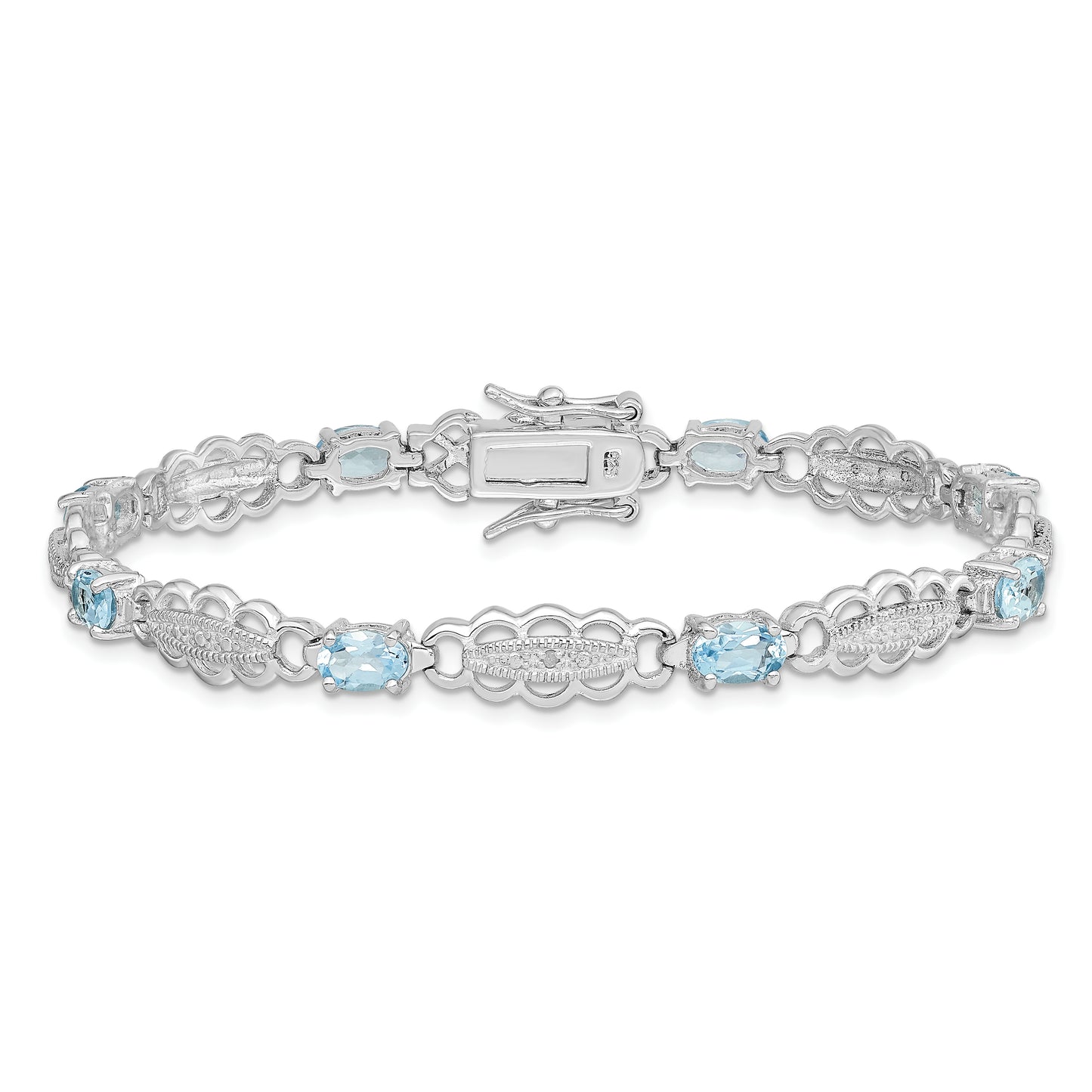 7 Inch Sterling Silver Rhodium-Plated Aquamarine & Diamond Bracelet