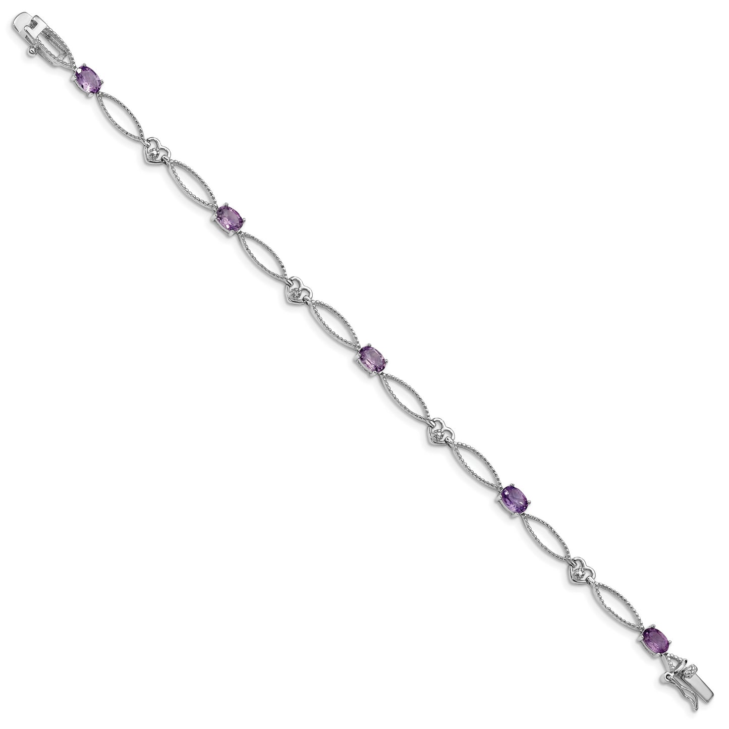 7 Inch Sterling Silver Rhodium-Plated Diamond & Amethyst Oval D/C Bracelet