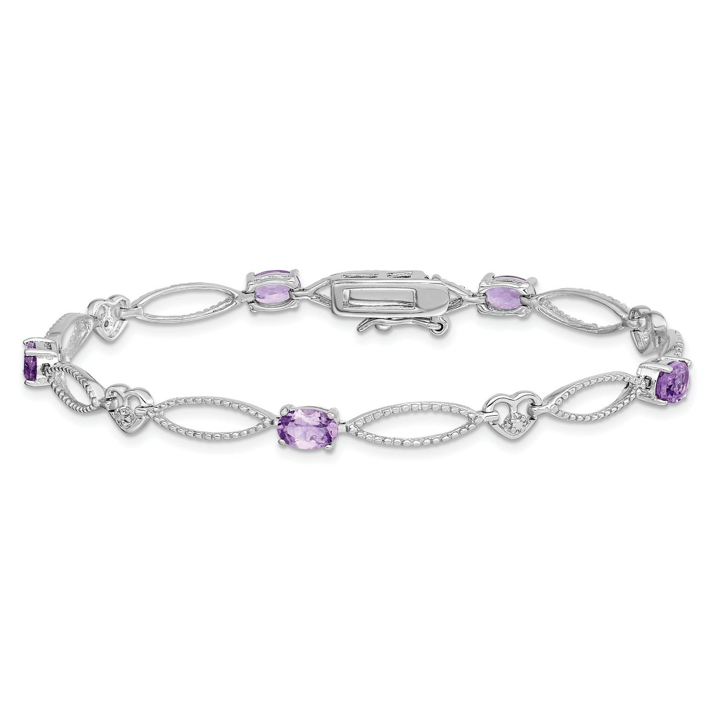 7 Inch Sterling Silver Rhodium-Plated Diamond & Amethyst Oval D/C Bracelet