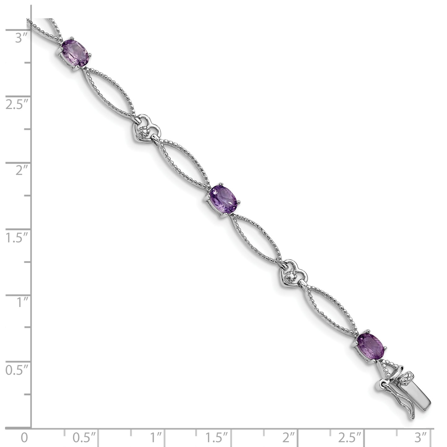 7 Inch Sterling Silver Rhodium-Plated Diamond & Amethyst Oval D/C Bracelet