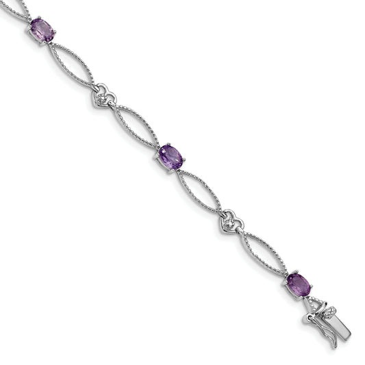 7 Inch Sterling Silver Rhodium-Plated Diamond & Amethyst Oval D/C Bracelet