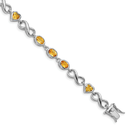 7.75 Inch Sterling Silver Rhodium-Plated Oval Heart Citrine Bracelet