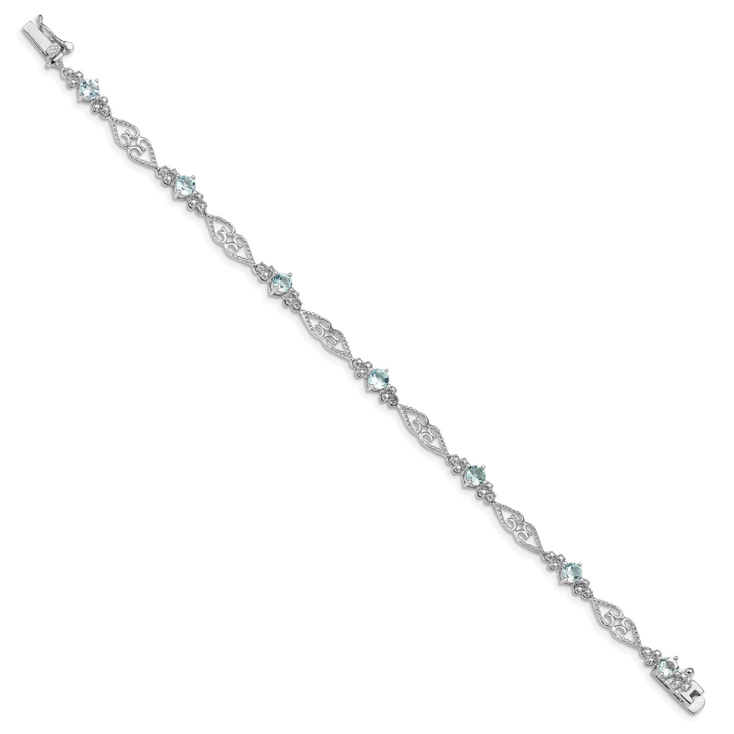 7 Inch Sterling Silver Rhodium-Plated Diamond Aquamarine Bracelet