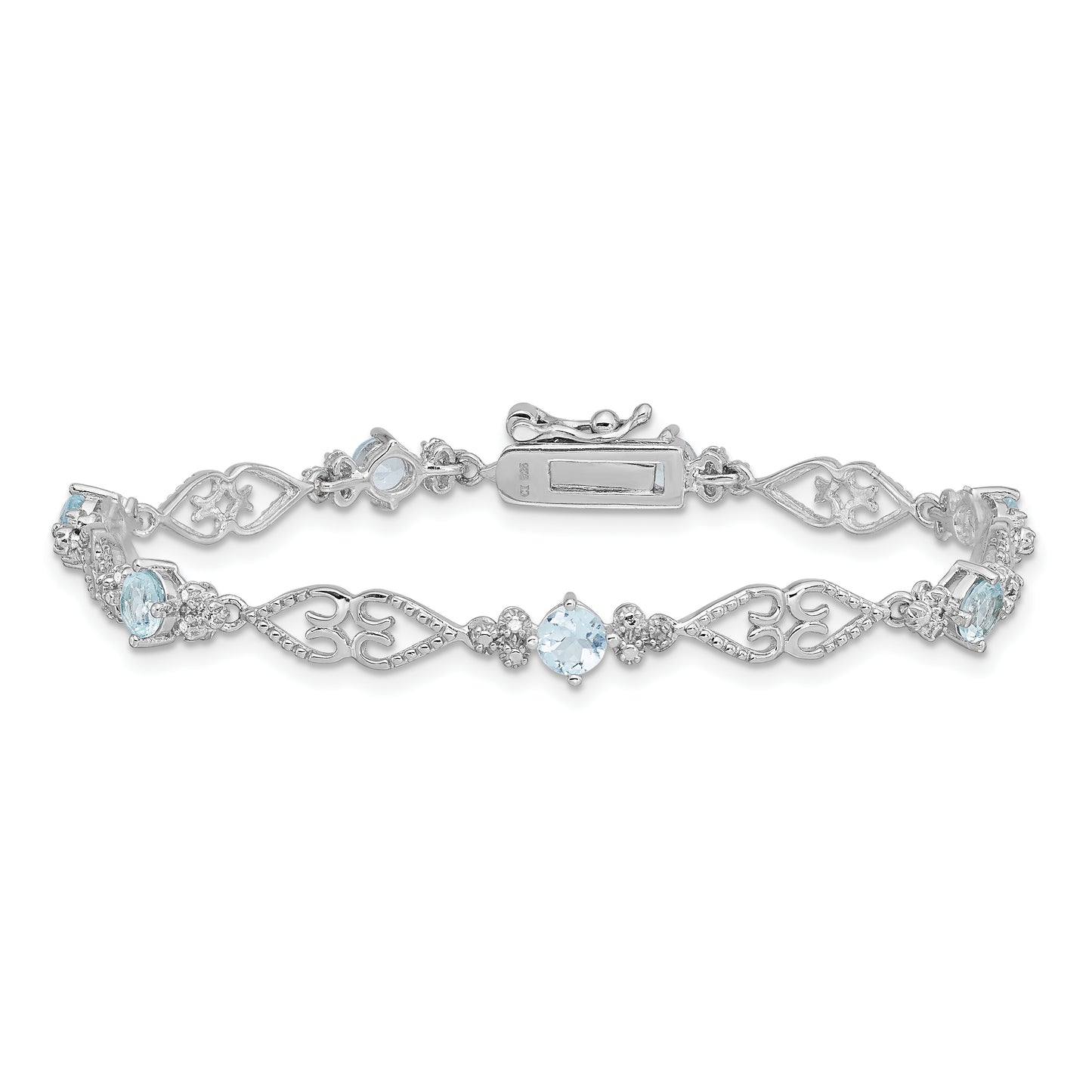 7 Inch Sterling Silver Rhodium-Plated Diamond Aquamarine Bracelet