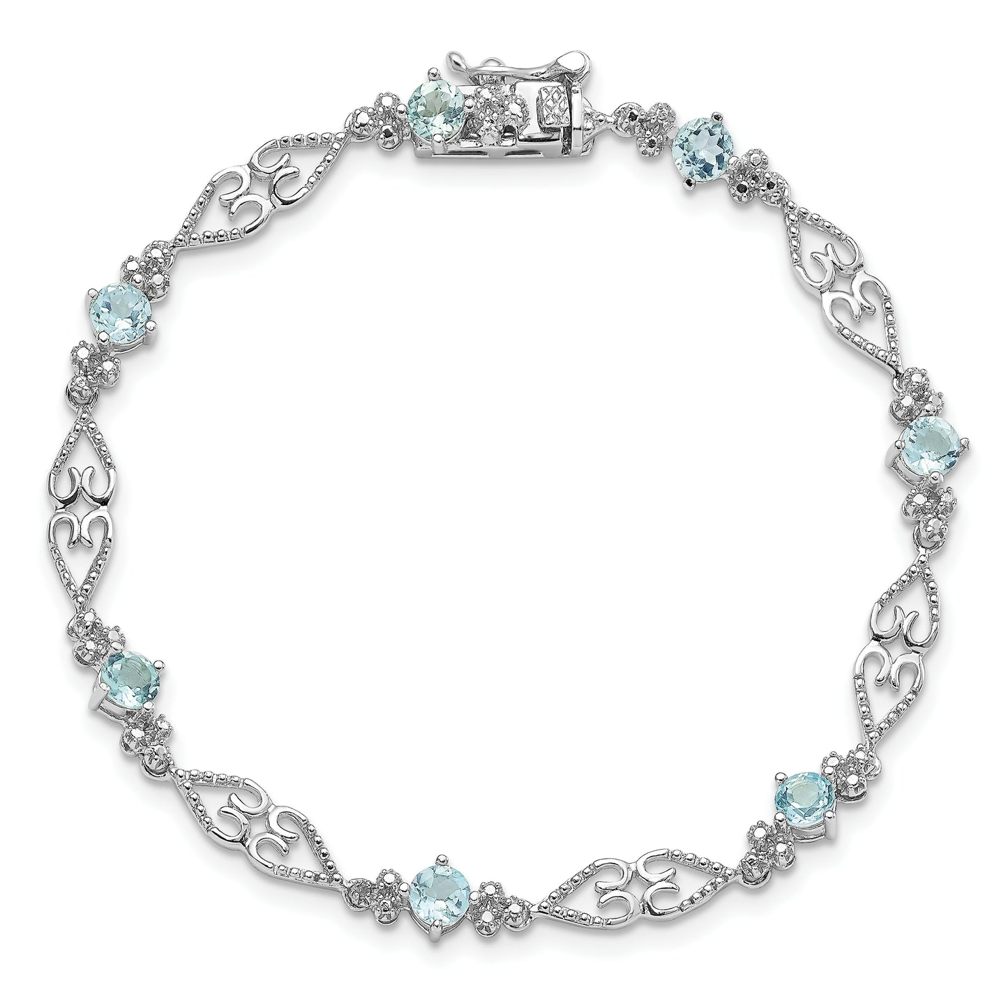 7 Inch Sterling Silver Rhodium-Plated Diamond Aquamarine Bracelet