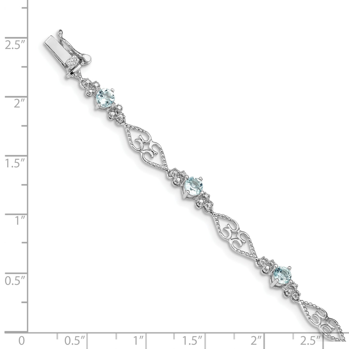 7 Inch Sterling Silver Rhodium-Plated Diamond Aquamarine Bracelet