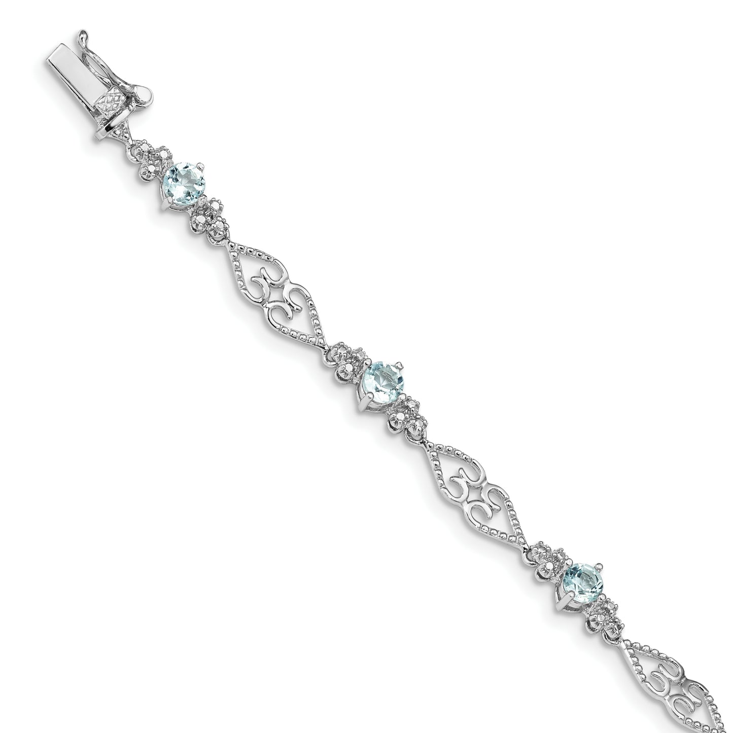 7 Inch Sterling Silver Rhodium-Plated Diamond Aquamarine Bracelet