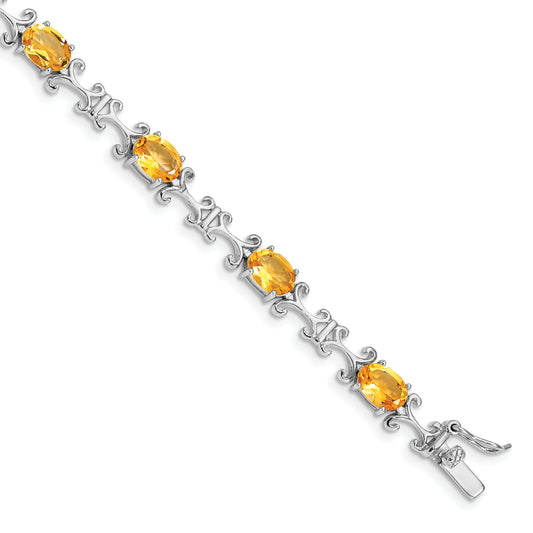 7 Inch Sterling Silver Rhodium-Plated Citrine Oval Bracelet