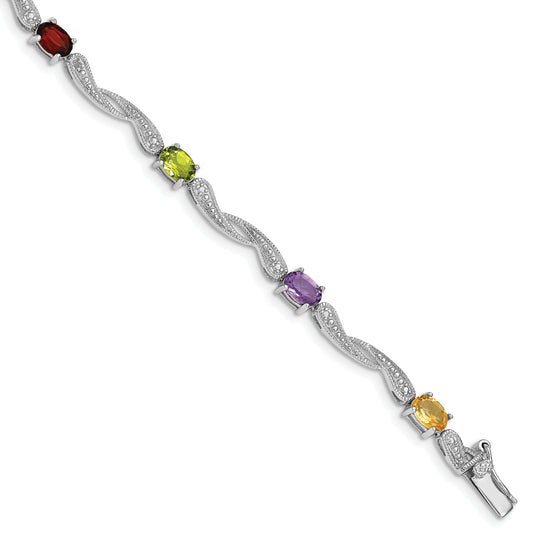 7 Inch Sterling Silver Rhodium-Plated Diamond Multi-Colored Gemstone Bracelet