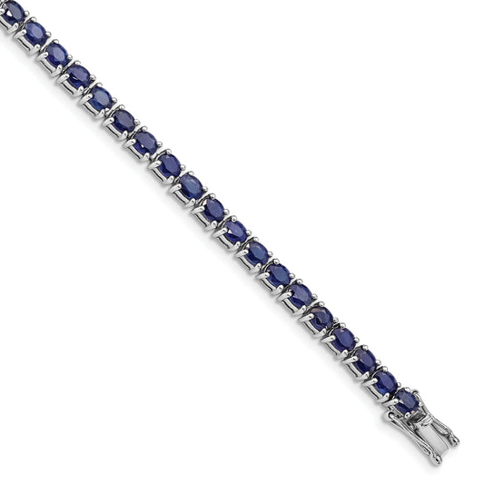 7.5 Inch Sterling Silver Rhodium-Plated Oval Blue Sapphire 7.5In Bracelet