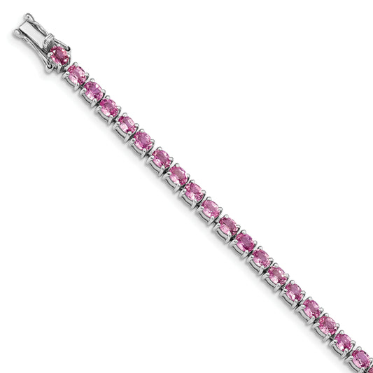 7.5 Inch Sterling Silver Rhodium-Plated Oval Pink Sapphire 7.5In Bracelet